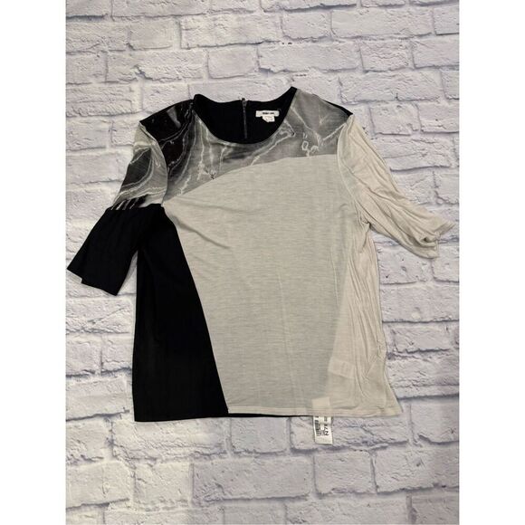 Helmut Lang Short Sleeve Silver Print Top in Cream/Black Marble Size Large - Picture 4 of 11
